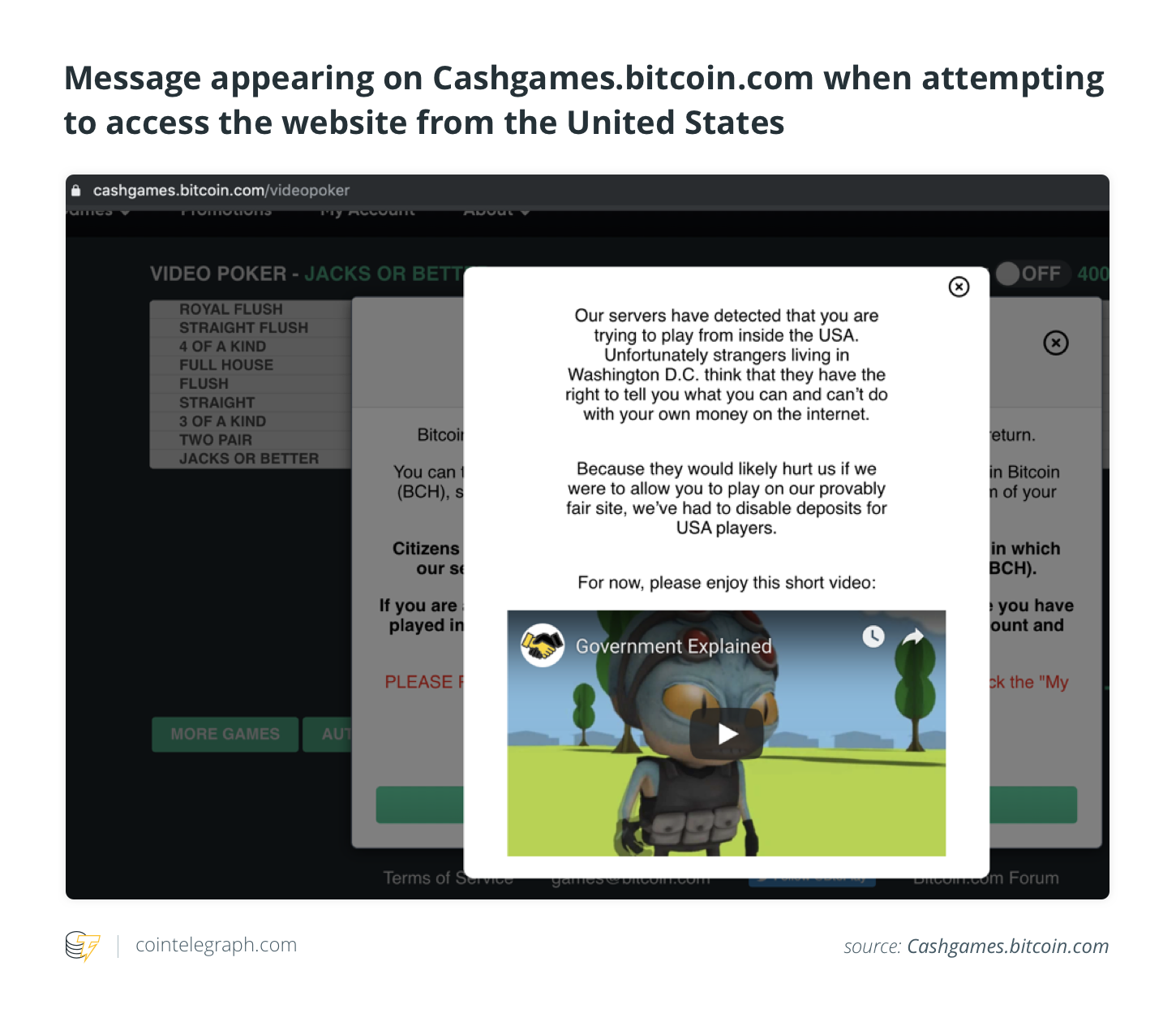 Ziņojums, kas parādās vietnē Cashgames.bitcoin.com